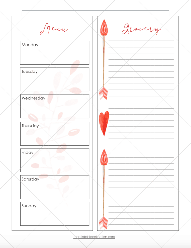 The Printable Collection - February Printable Weekly Menu and Grocery Lists