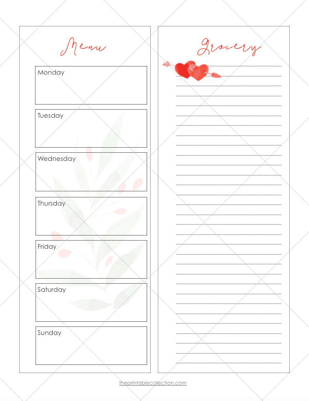 The Printable Collection - February Printable Weekly Menu and Grocery Lists 2