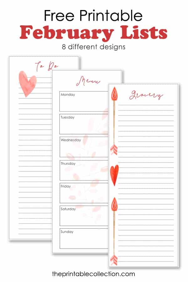 The Printable Collection - Free Printable February To Do, Weekly Menu, Grocery Lists