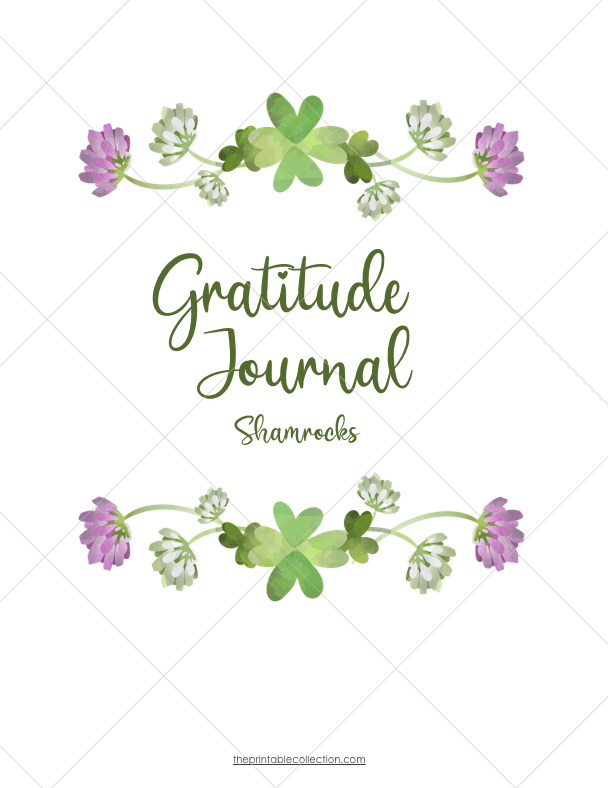 Free Gratitude Journal Title Page Shamrocks and Flowers Green White Purple - The Printable Collection