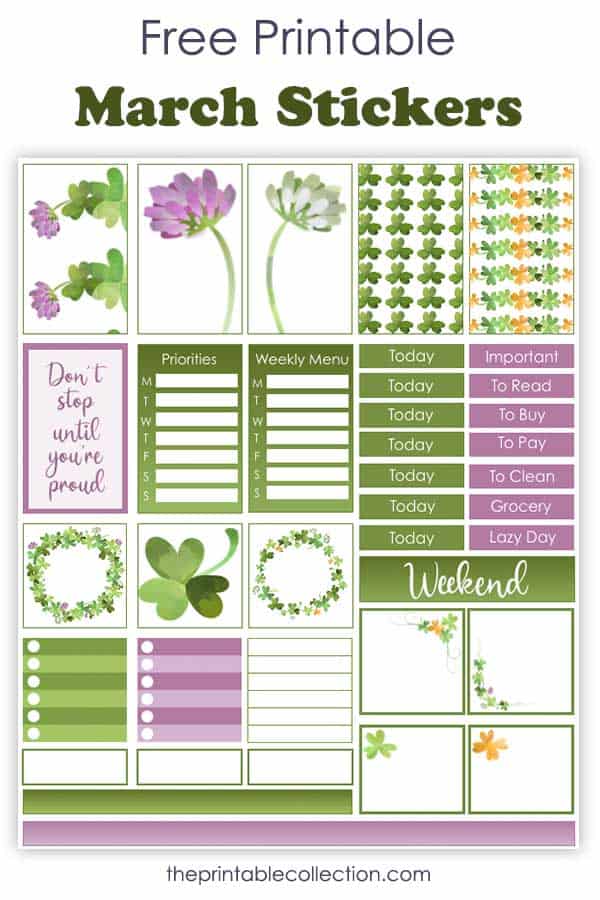 Free Printable Planner Stickers In Green, Mauve and White with Shamrocks and Flowers - The Printable Collection