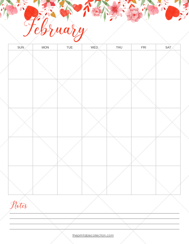 Printable Monthly Calendar 12 months February - The Printable Collection
