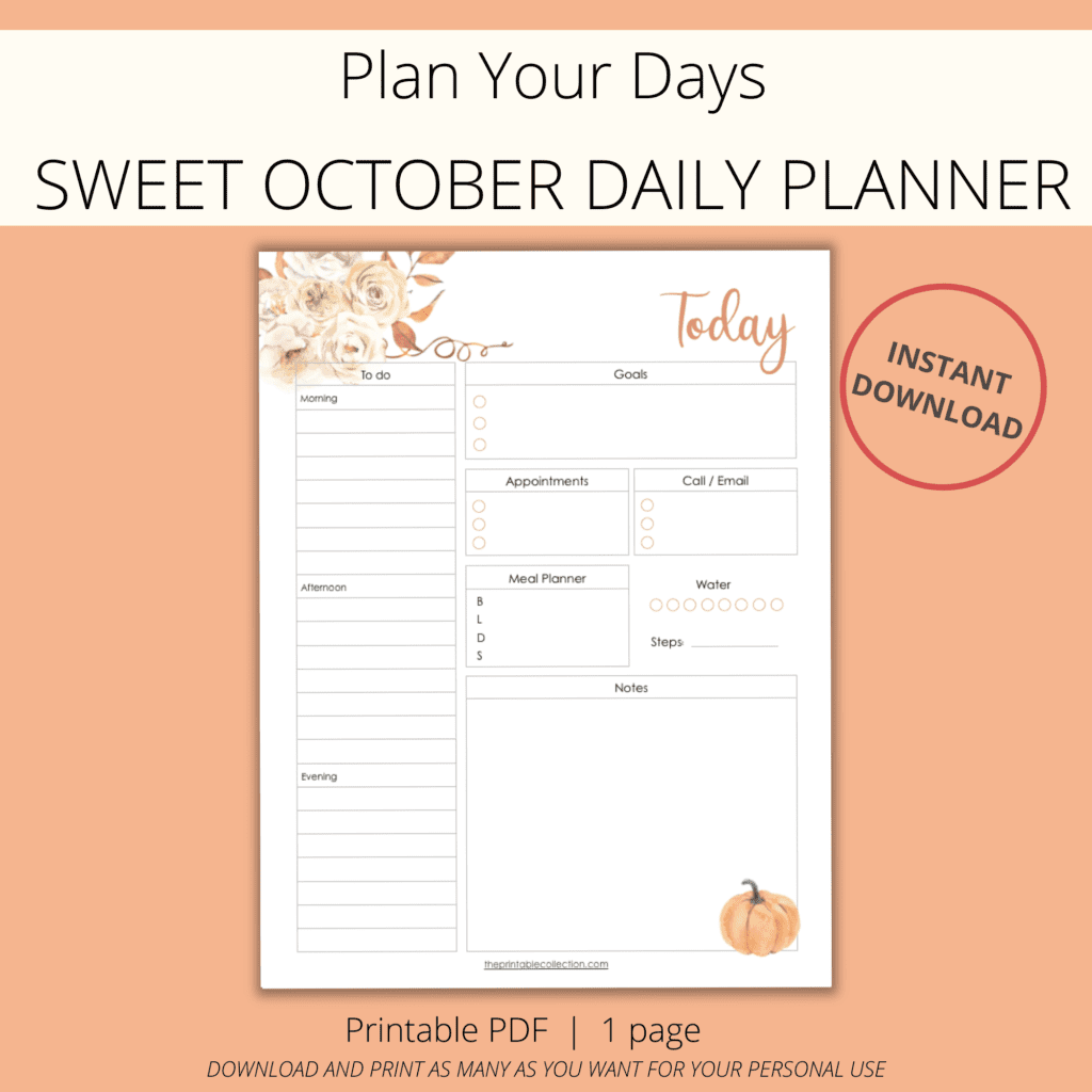 printable daily planner Sweet October with watercolor flowers and leaves in fall colors - The Printable Collection