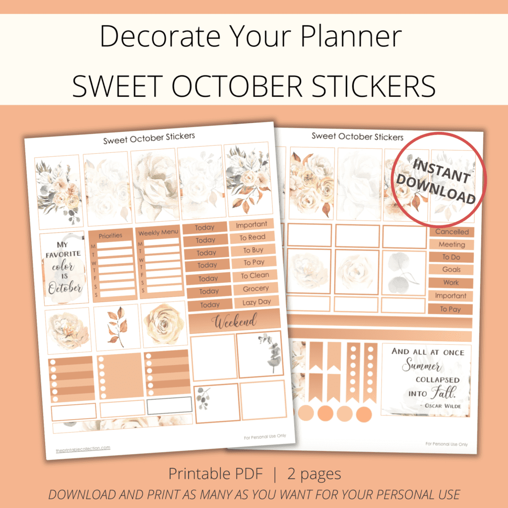 Printable Sweet October Stickers for your planner with watercolor flowers and leaves in fall colors - The Printable Collection