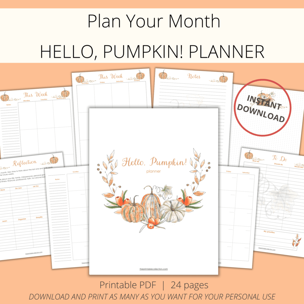 printable planner Hello, Pumpkin with watercolor orange pumpkin and little fruits - The Printable Collection