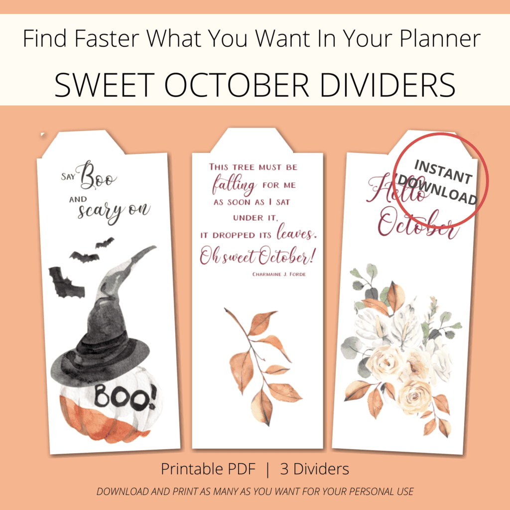printable planner dividers Sweet October with watercolor flowers and leaves in fall colors and quotes - The Printable Collection