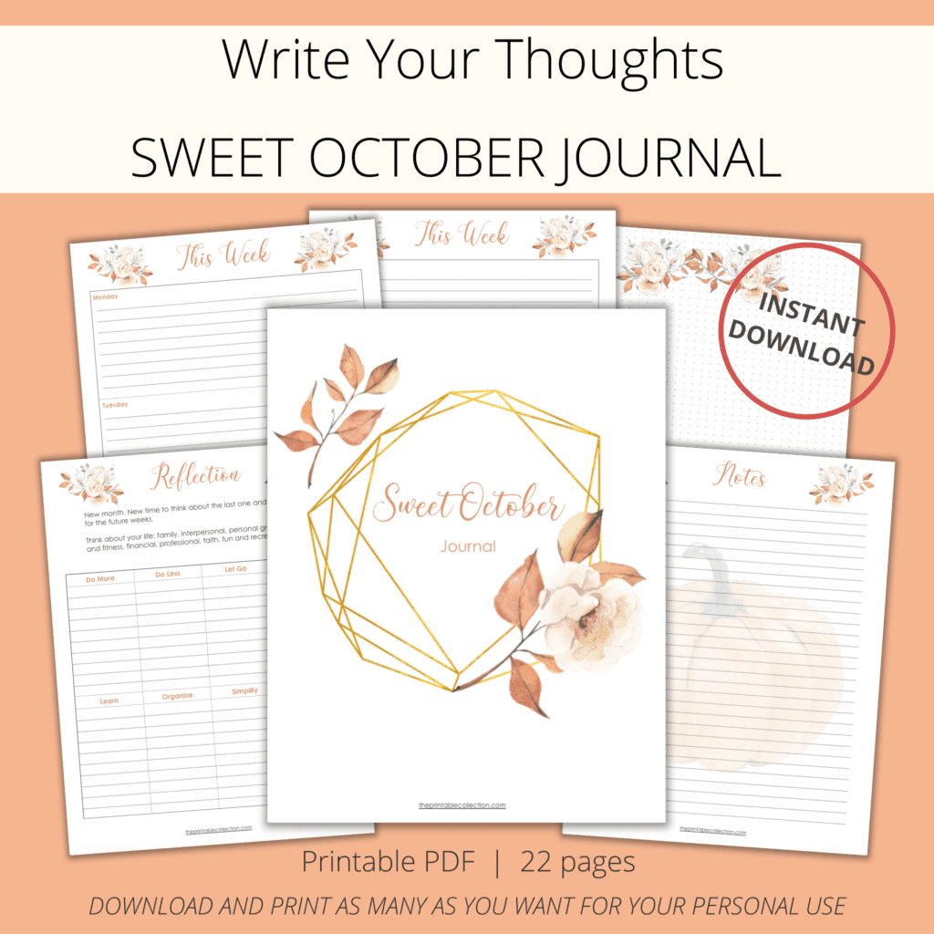 printable journal Sweet October with watercolor flowers and leaves in fall colors - The Printable Collection