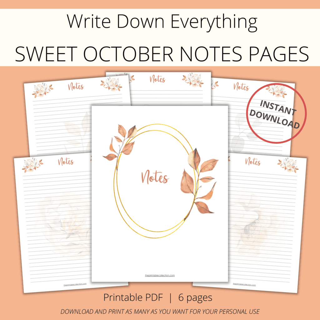 printable notes pages Sweet October with watercolor flowers and leaves in fall colors - The Printable Collection