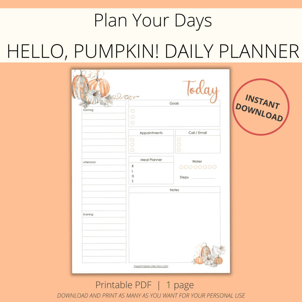 printable daily planner hello, pumpkins with watercolor orange pumpkins - The Printable Collection