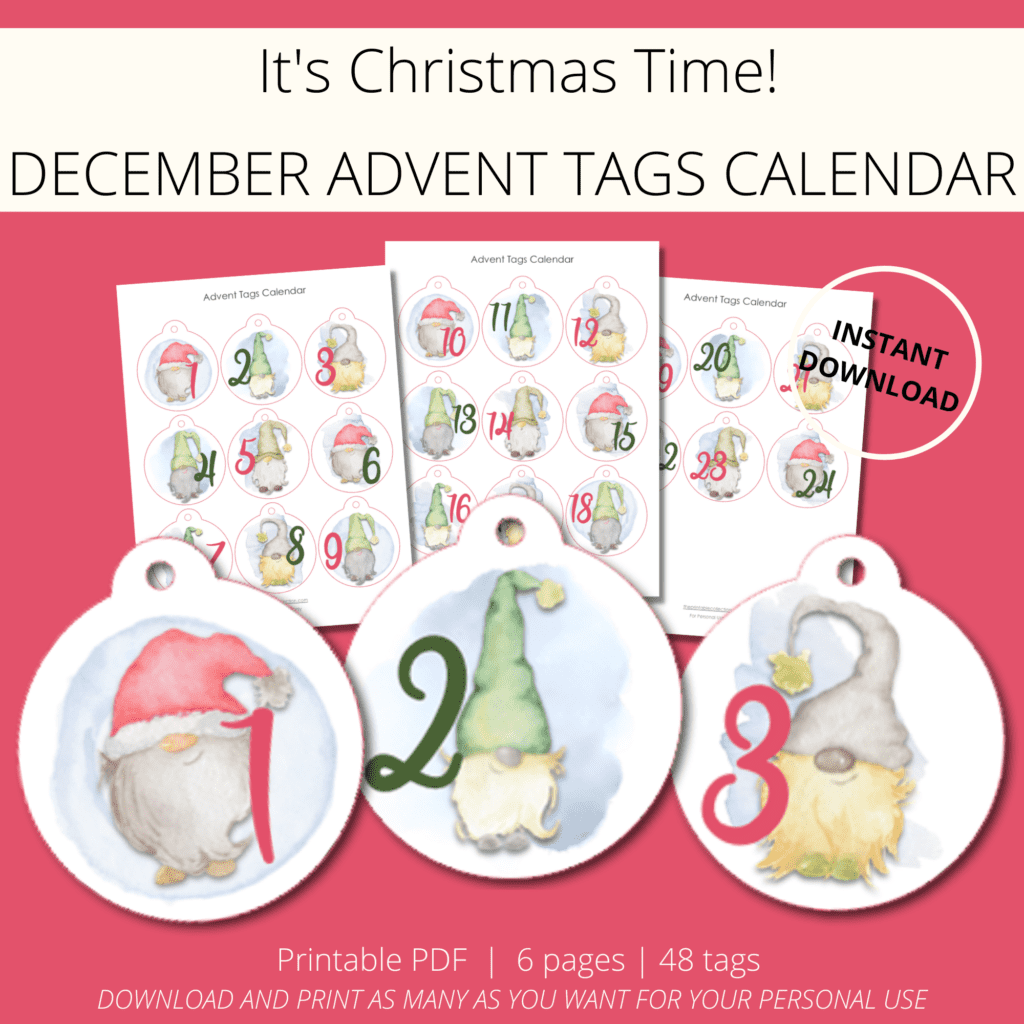 Printable Christmas Advent Tags Calendar with watercolor gnomes - The Printable Collection