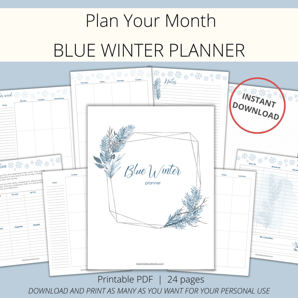 Pages from the printable planner with watercolor blue winter images of leaves, flowers, and snowflakes from The Printable Collection