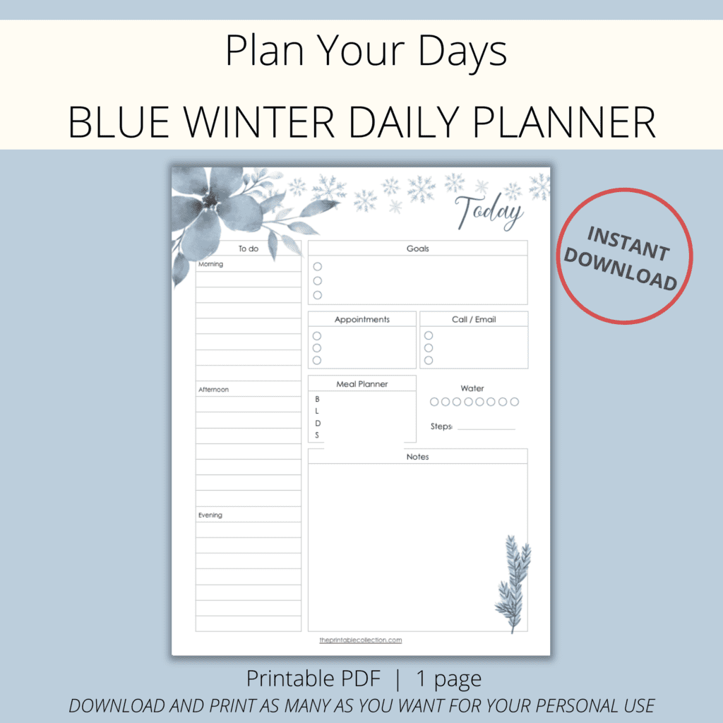 Printable Blue Winter Daily Planner page from The Printable Collection