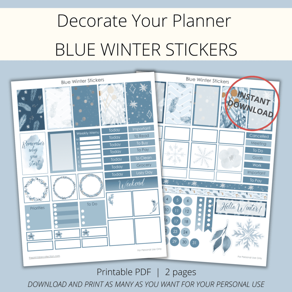 Blue Winter Stickers Pages from The Printable Collection