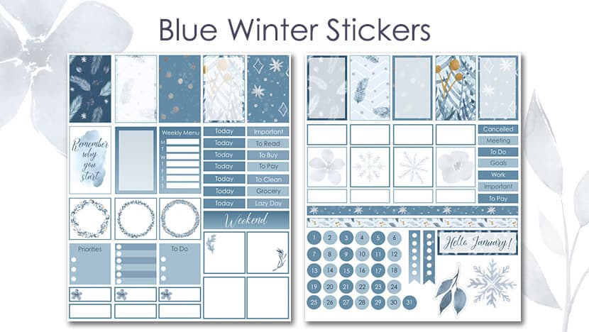 Printable Blue Winter pages of stickers from The Printable Collection