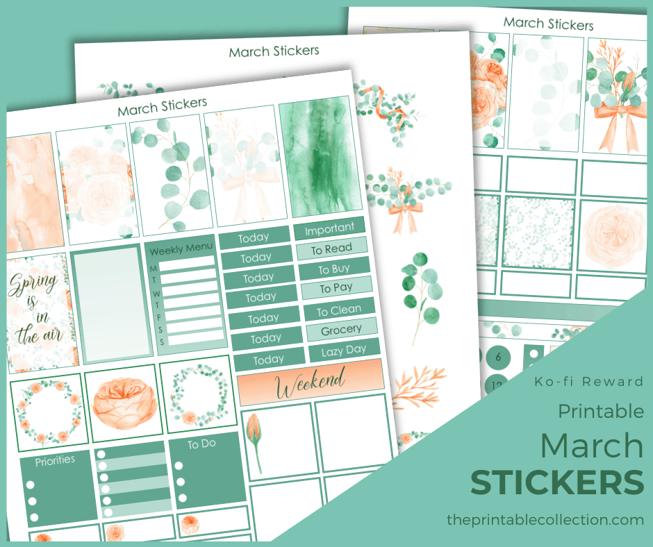 Printable March Stickers in green and coral colors Ko-fi - The Printable Collection