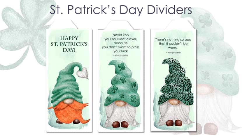 Free Printable planner dividers for March and St. Patrick's Day three planner dividers with gnomes - The Printable Collection