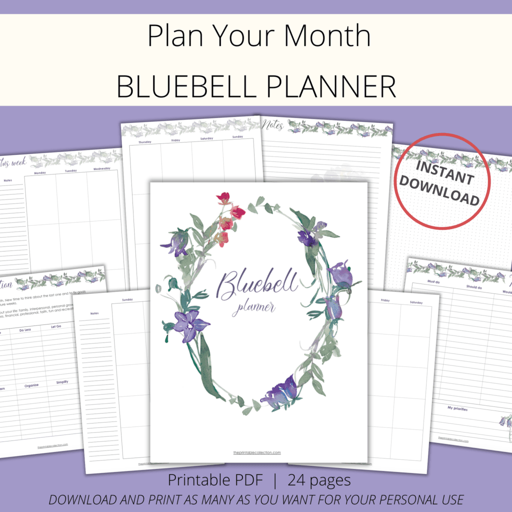 printable bluebell planner with watercolor purple and lavender flowers - The Printable Collection