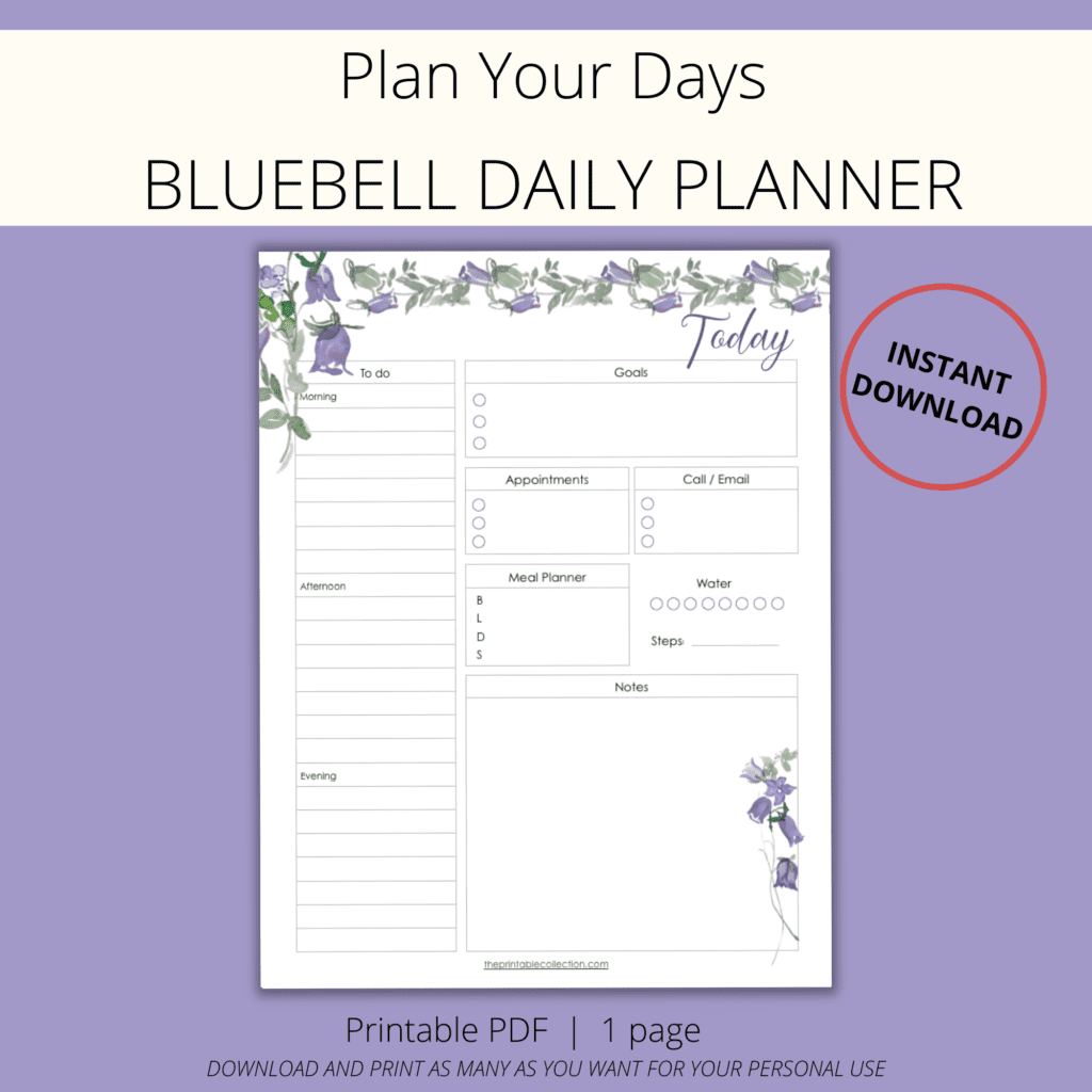 printable daily planner watercolor lavender and purple blubell flowers - The Printable Collection