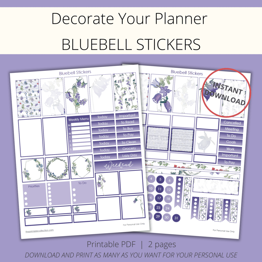 printable stickers with watercolor lavender and purple bluebell flowers - The Printable Collection