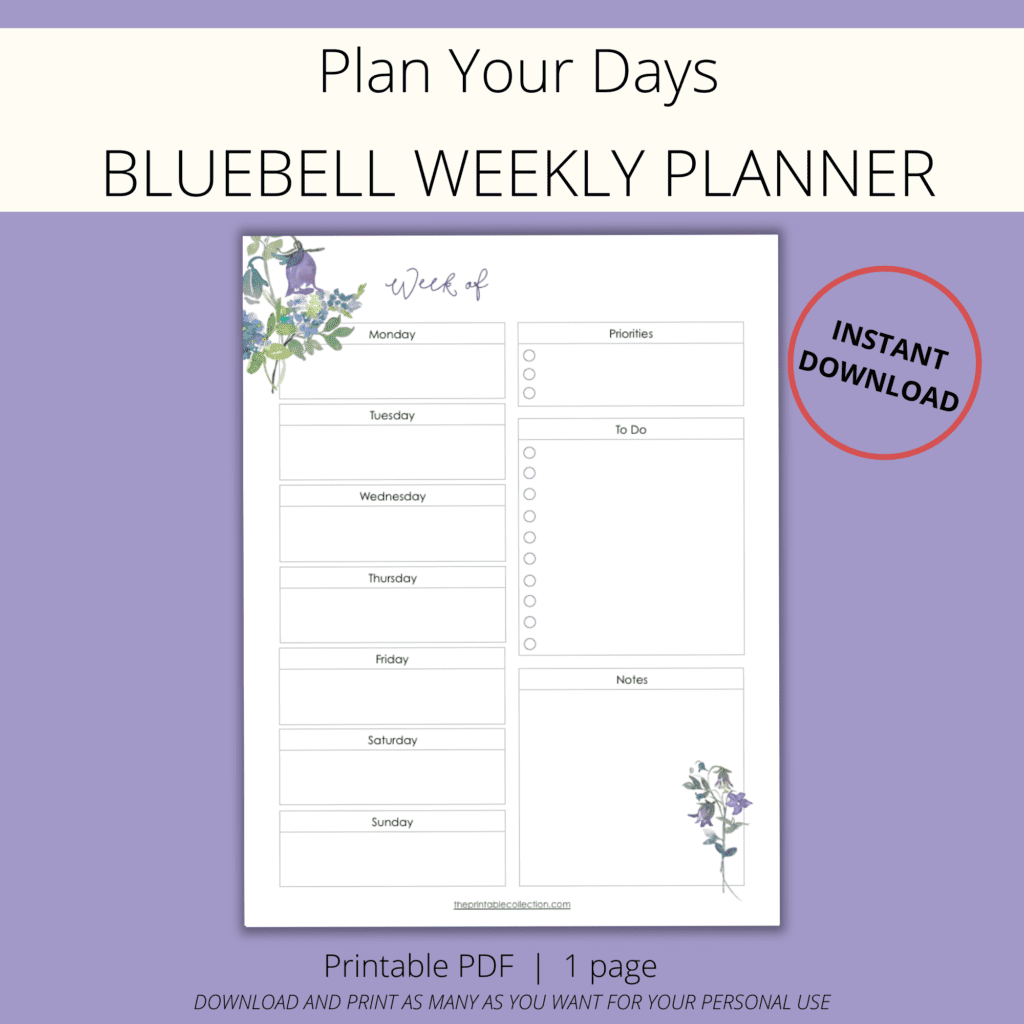 printable weekly planner page with watercolor lavender and purple bluebell flowers - The Printable Collection