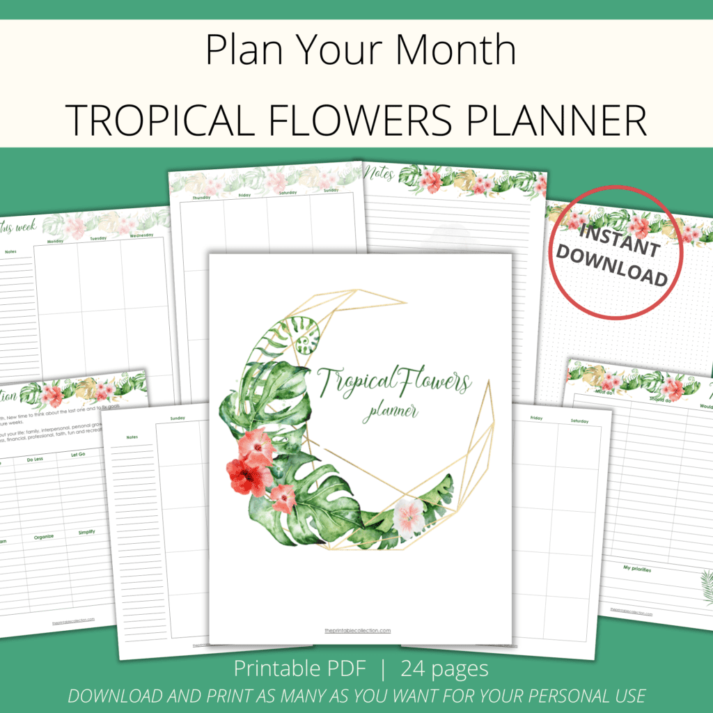 Printable Tropical Flowers Planner With Watercolor Flowers and Leaves - The Printable Collection