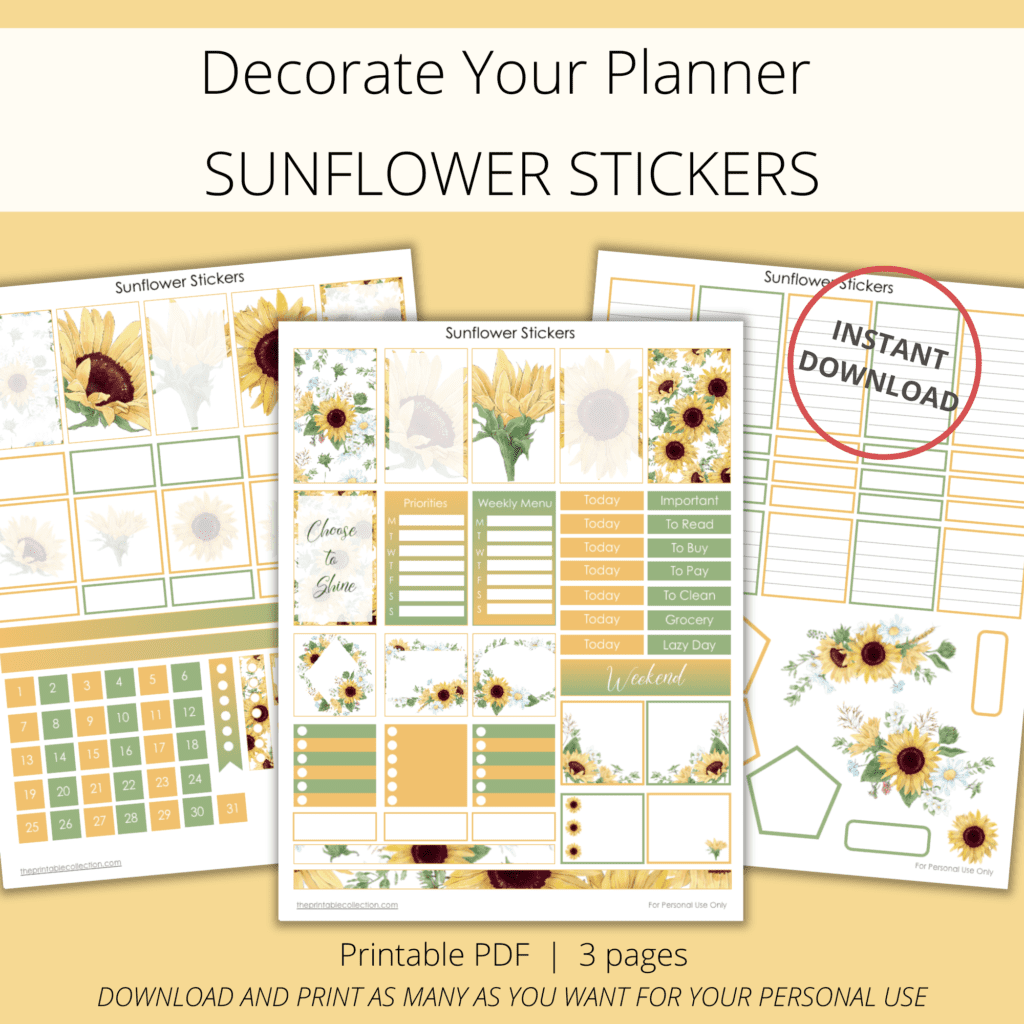 Planner Sunflower Stickers - The Printable Collection