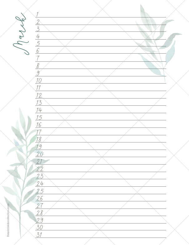 Printable Monthly Lined Calendar 12 months - March - The Printable Collection