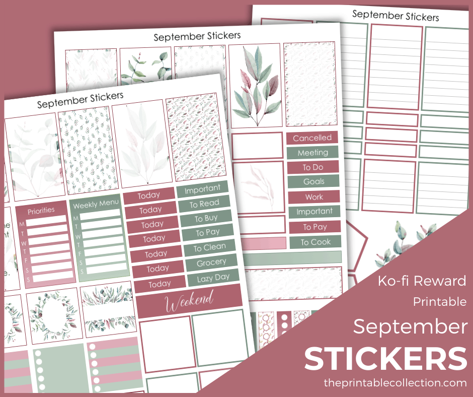 Three pages of Printable September Stickers Ko-fi - The Printable Collection