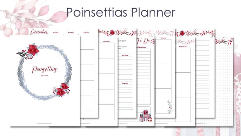 Printable Poinsettias planner with watercolor Christmas images from The Printable Collection