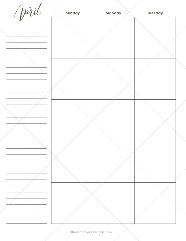 Free Printable April Planner 2 Monthly Calendar Left Page - The Printable Collection