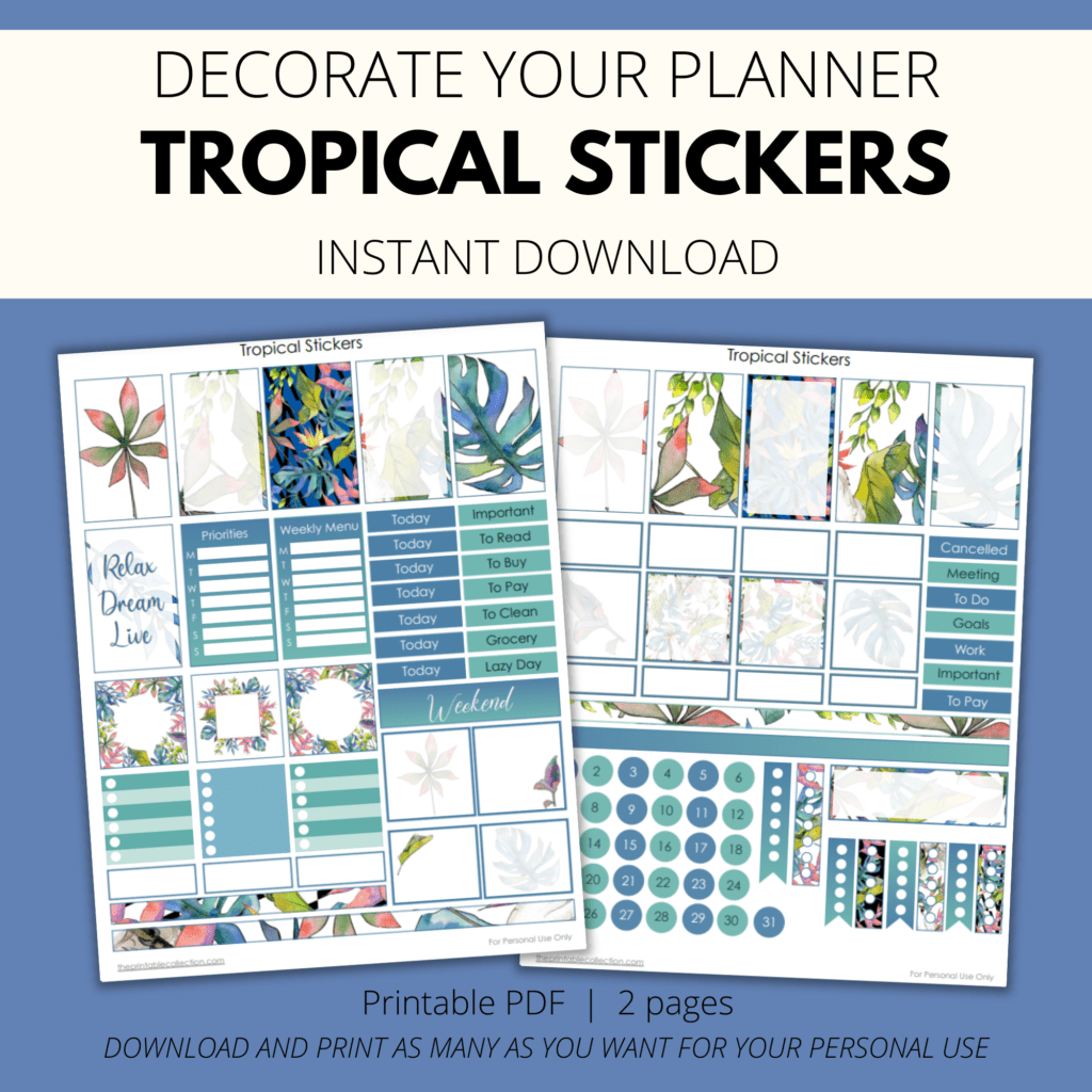 Printable Tropical Stickers for Planners - The Printable Collection