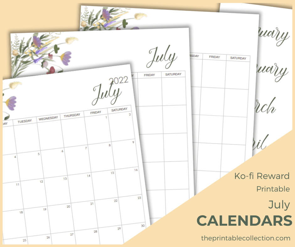 Printable July Calendars Ko-fi - The Printable Collection