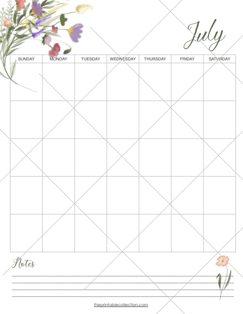 Printable July Calendar watermark - The Printable Collection