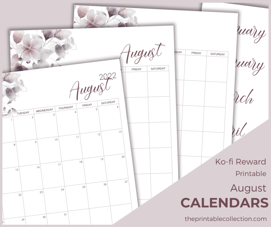Printable Calendar August 2022 Ko-fi - The Printable Collection