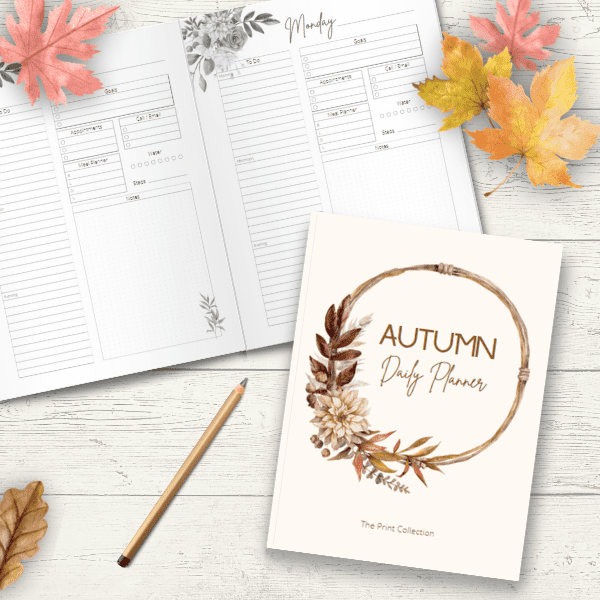 Cover page of the Autumn Daily Planner with a frame of fall leaves - The Print Collection