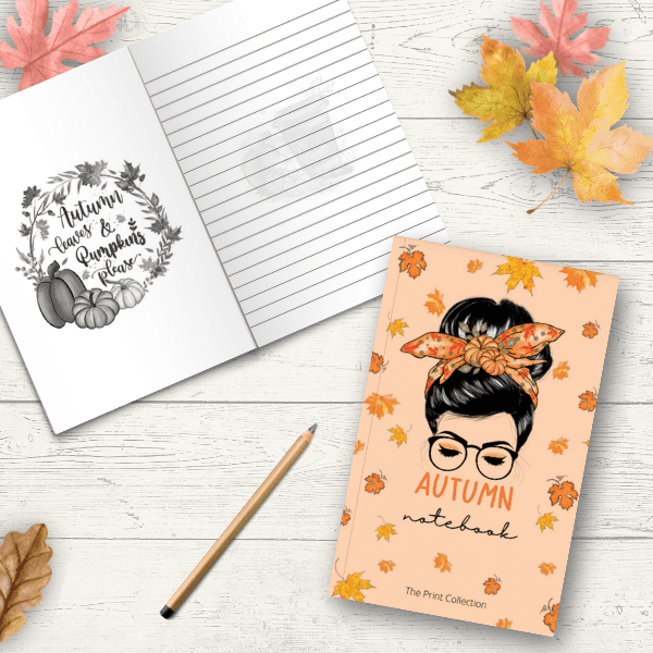 Autumn Notebook with woman with a messy bun - The Print Collection