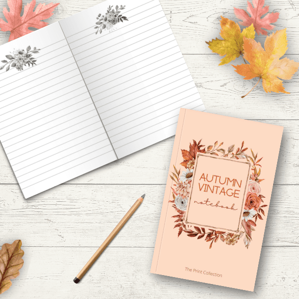 Cover page of the Autumn Vintage Notebook with a frame of fall leaves - The Print Collection