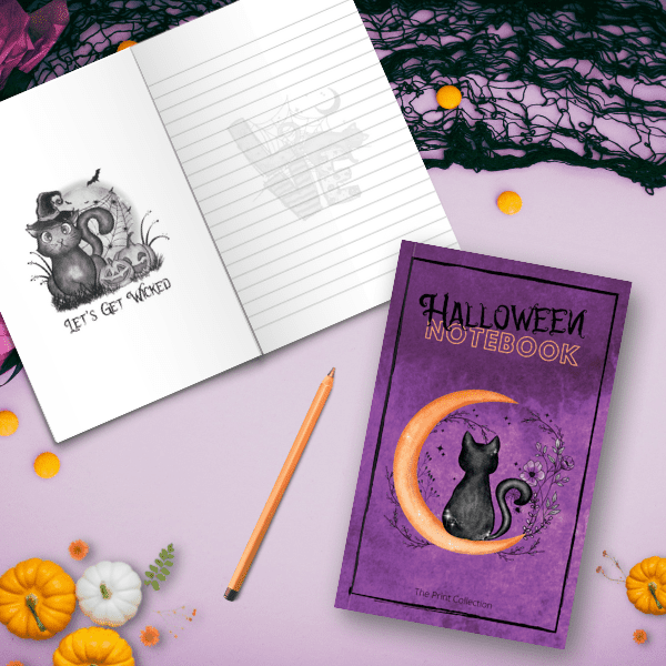 Halloween Notebook with a black cat sitting on a moon- The Print Collection