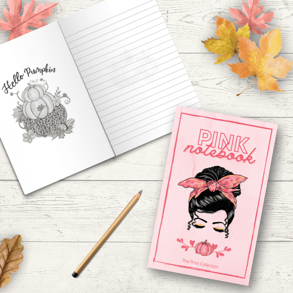 Pink Notebook cover page with  woman and a messy bun - The Print Collection