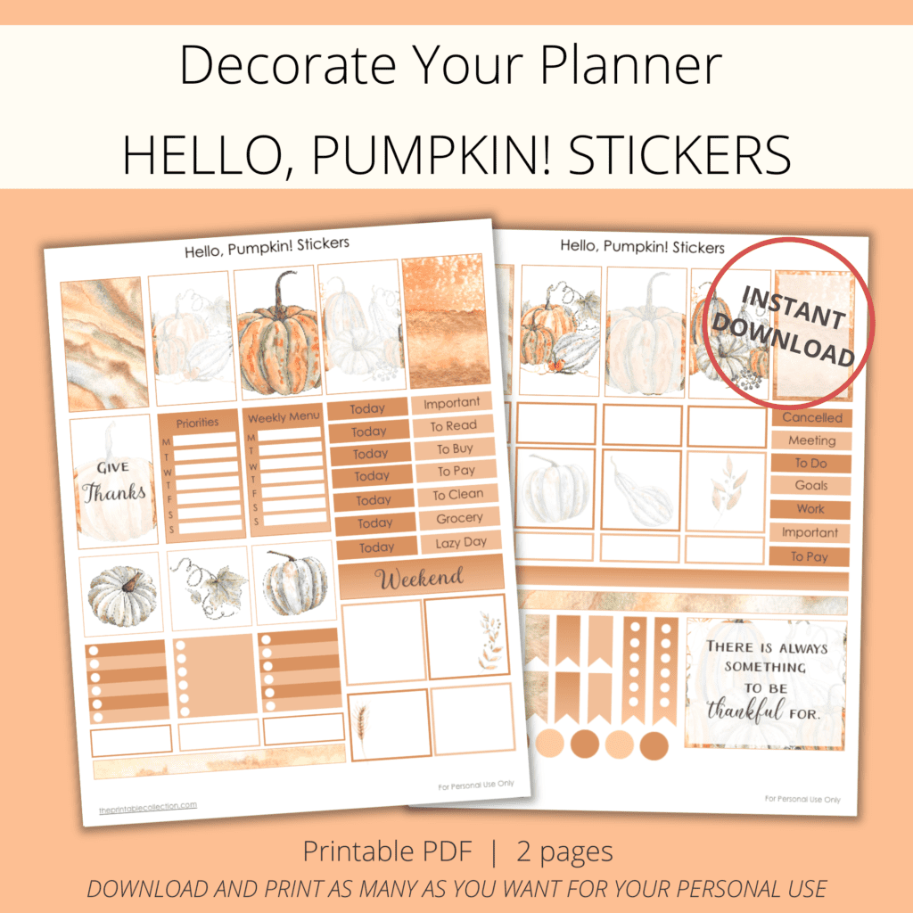 printable stickers hello, pumpkins with watercolor orange and white pumpkins - The Printable Collection