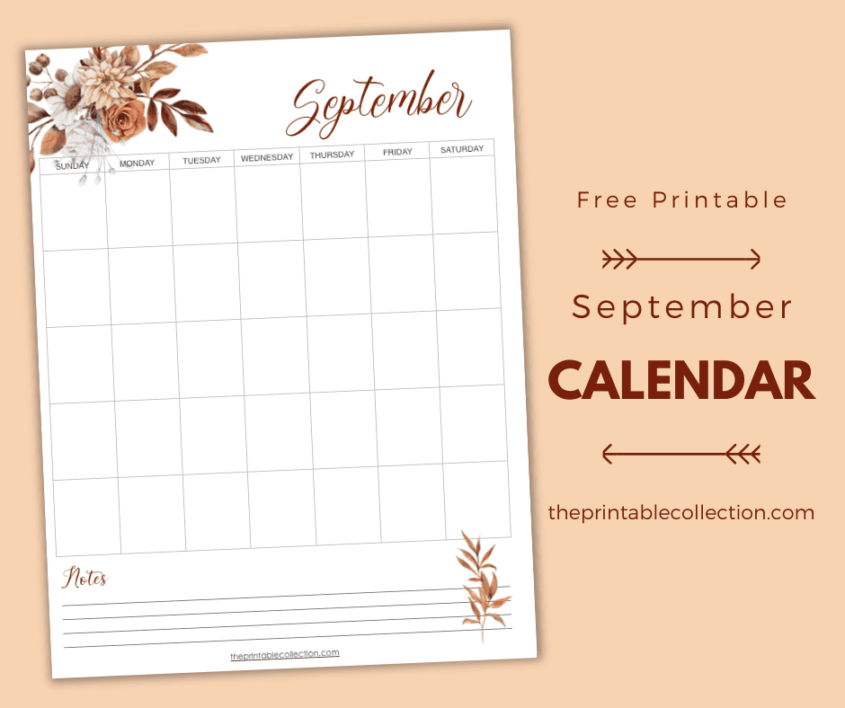 Printable September Autumn Roses Calendar - The Printable Collection