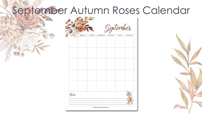 Printable September Calendar Autumn Roses Post - The Printable Collection