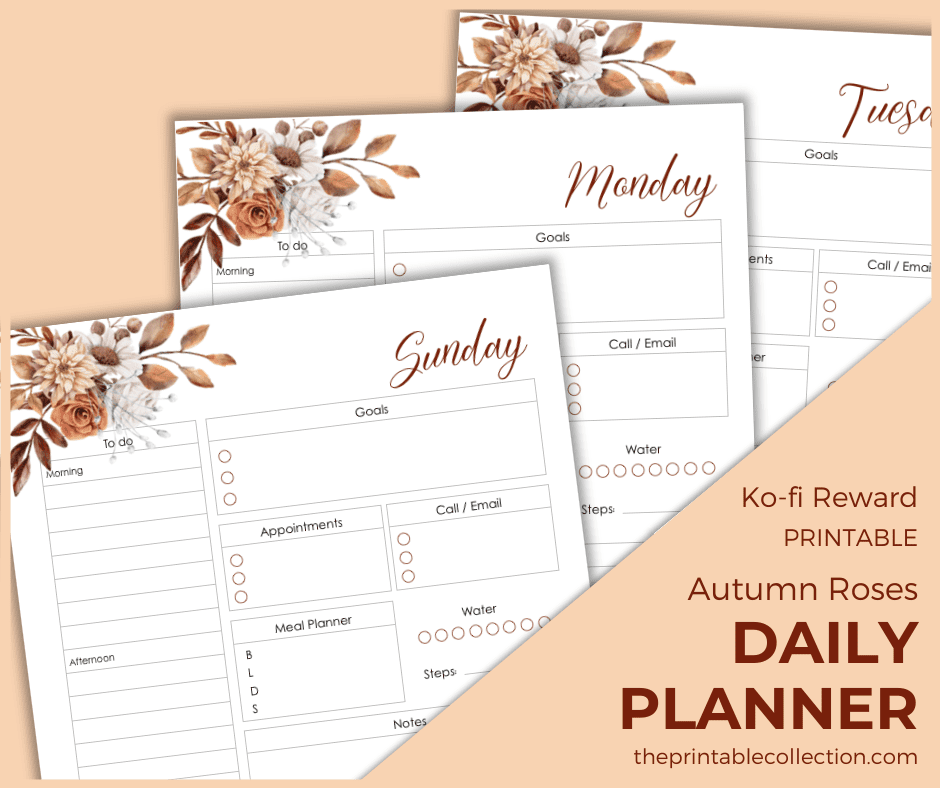 Printable Autumn Roses Daily Planner Ko-fi - The Printable Collection