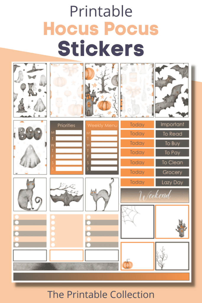 Printable Hocus Pocus Stickers with watercolor orange and dark grey colors from the Printable Collection