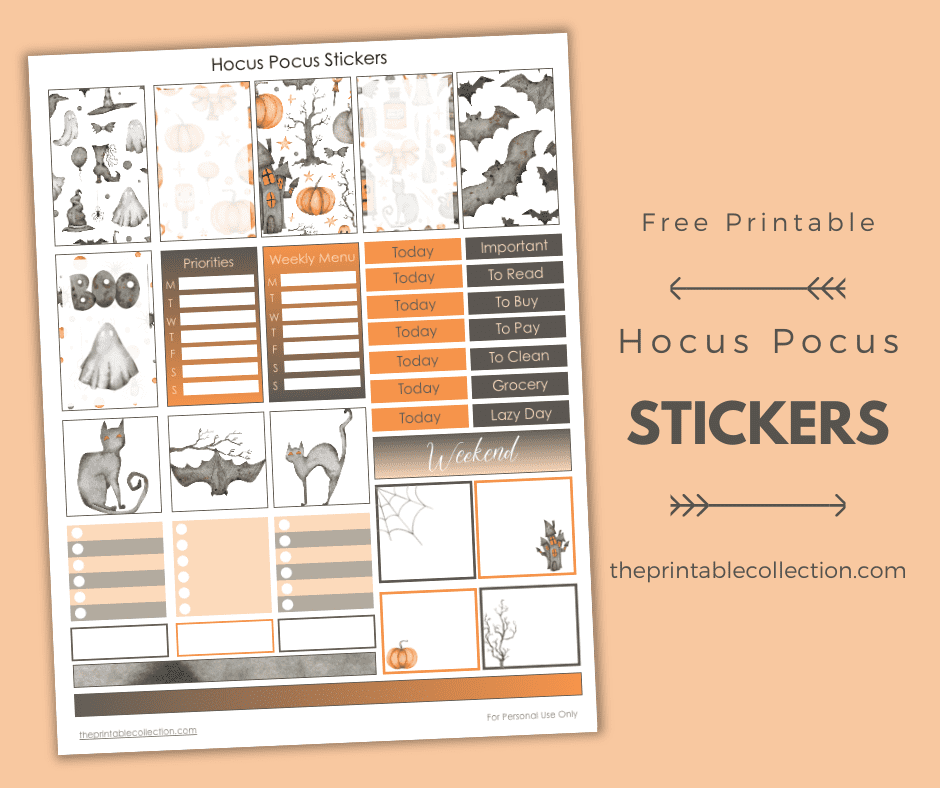 Printable Hocus Pocus Stickers with watercolor Halloween images in orange and dark grey from The Printable Collection