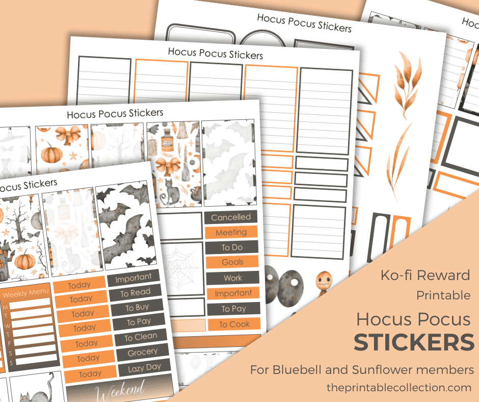Printable Hocus Pocus Stickers with watercolor Halloween images in orange and dark grey from The Printable Collection