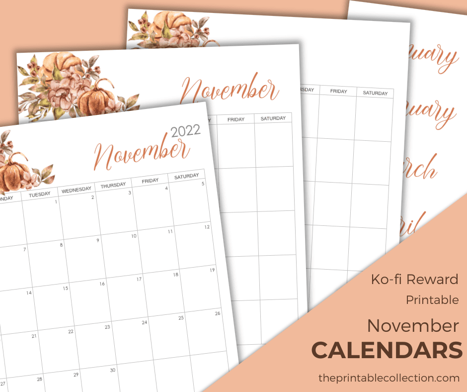 Pages of the Pumpkins and Roses November 2022 Calendars from The Printable Collection