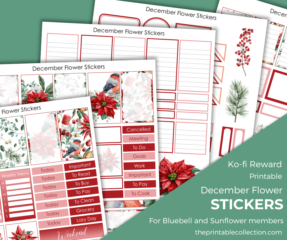 Pages of printable December Flower stickers from The Printable Collection